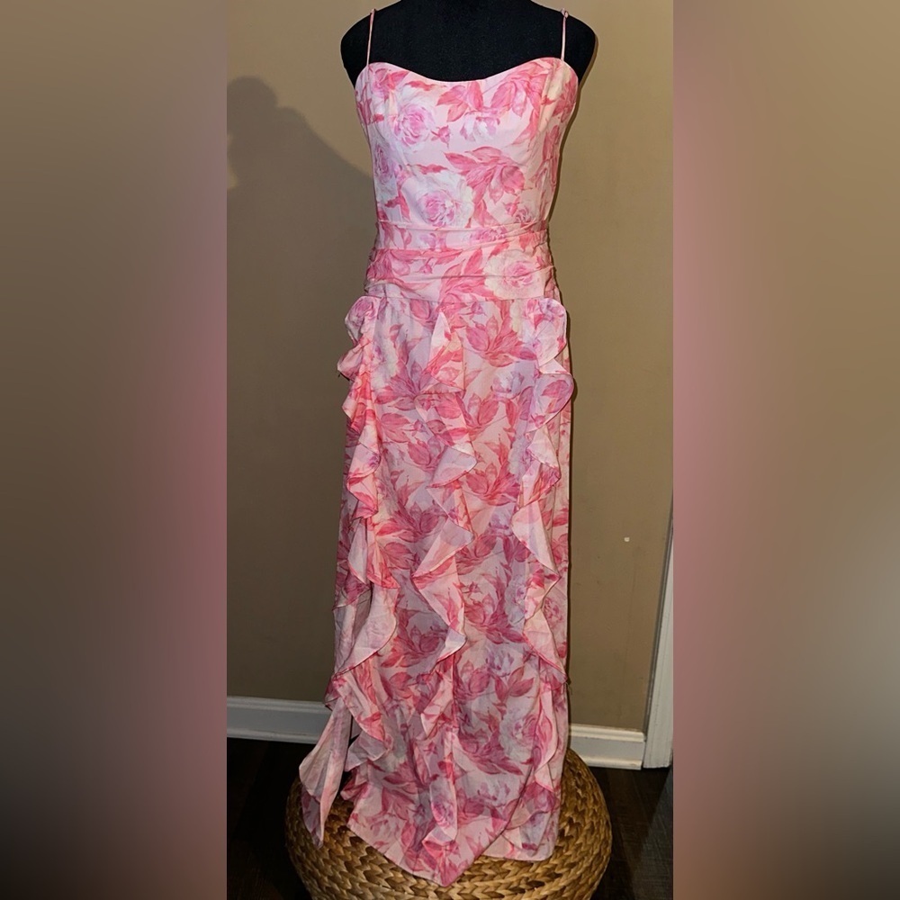 NWT SELFIE LESLIE Serif Ruffle Trim Split Maxi Dress Pink Various Sizes - Picture 5 of 14